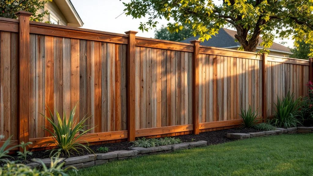 Western Red Cedar dog-ear privacy fence - 8-foot weathered gray stained wood fence installation in Austin Texas backyard