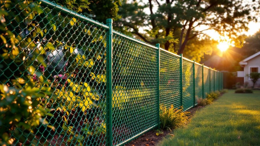 Green Vinyl-coated chain link fence - 5-foot residential boundary fence installation in Austin Texas by professional fence contractor