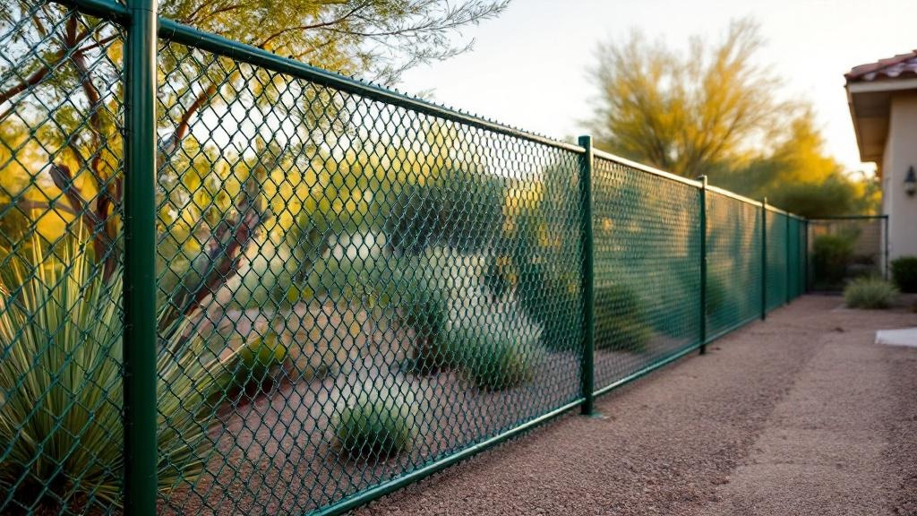 Green Vinyl-coated chain link fence - 4-foot residential boundary fence installation in Phoenix Arizona by professional fence contractor