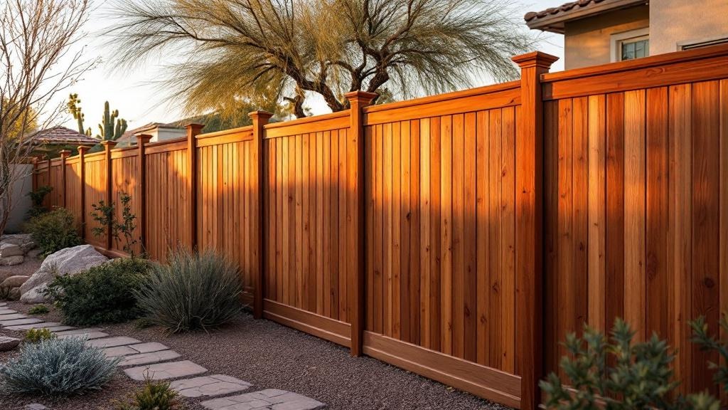 Western Red Cedar dog-ear privacy fence - 8-foot redwood stained wood fence installation in Phoenix Arizona backyard