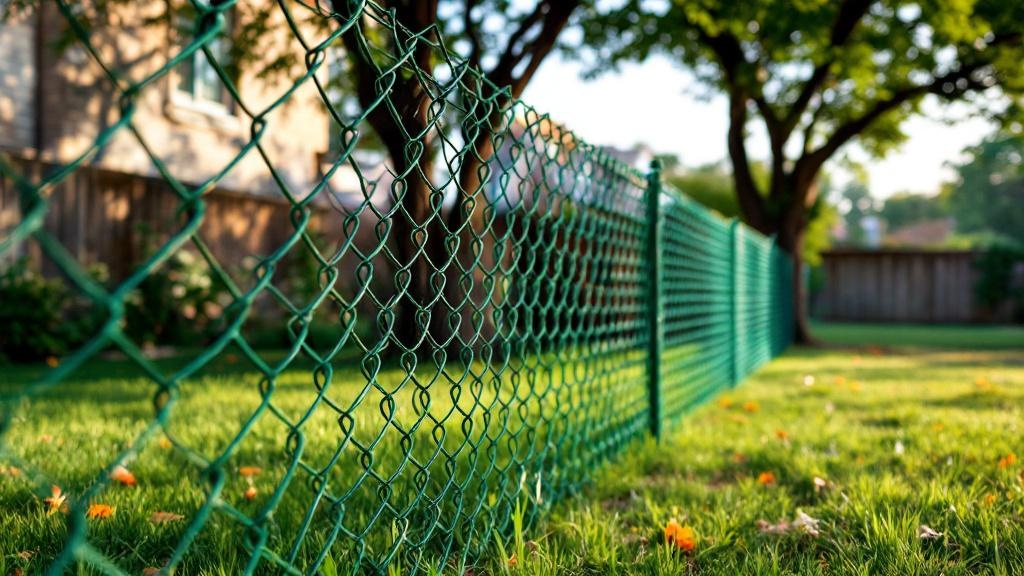 Green Vinyl-coated chain link fence - 8-foot residential boundary fence installation in Austin Texas by professional fence contractor