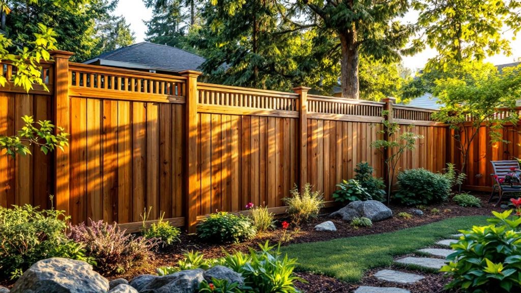 Redwood shadowbox privacy fence - 8-foot natural cedar stained wood fence installation in Seattle Washington backyard