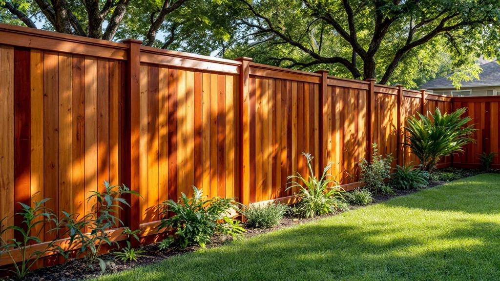 Western Red Cedar board-on-board privacy fence - 8-foot redwood stained wood fence installation in Dallas Texas backyard