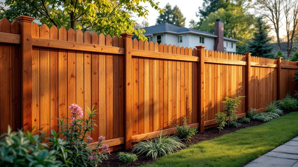 Redwood dog-ear privacy fence - 6-foot honey oak stained wood fence installation in Portland Oregon backyard