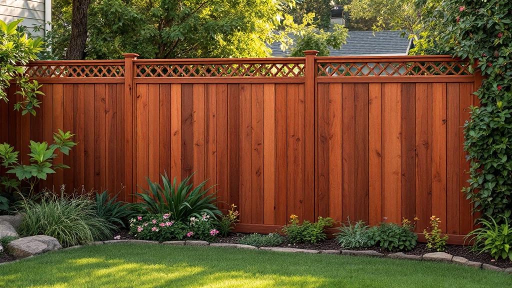 Redwood flat-top privacy fence - 8-foot redwood stained wood fence installation in Charlotte North Carolina backyard