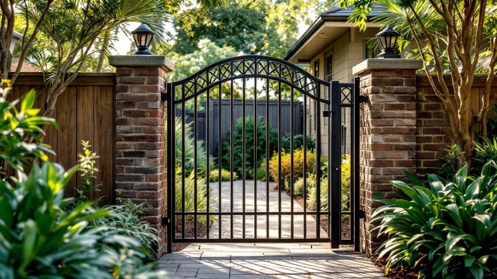 wrought iron lattice top walk gate - residential side yard pedestrian gate with stainless steel hardware in Raleigh North Carolina