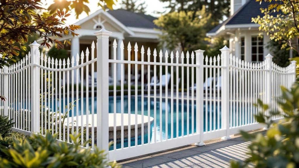 white aluminum flat-top ornamental fence - 5-foot decorative metal fence for pool enclosure in Seattle Washington