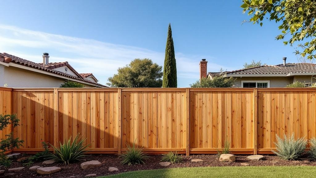 Pressure-Treated Pine flat-top privacy fence - 8-foot natural cedar stained wood fence installation in San Diego California backyard