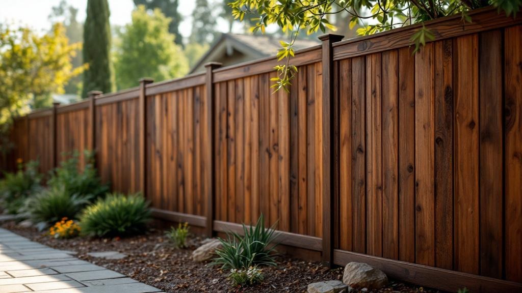 Pressure-Treated Pine shadowbox privacy fence - 8-foot dark walnut stained wood fence installation in San Diego California backyard