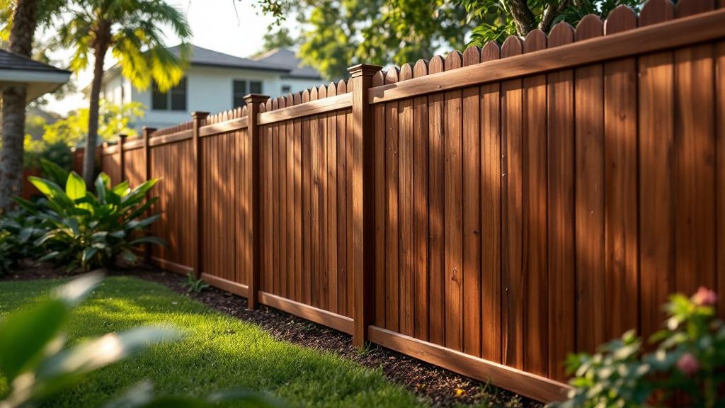 Pressure-Treated Pine dog-ear privacy fence - 6-foot dark walnut stained wood fence installation in Miami Florida backyard