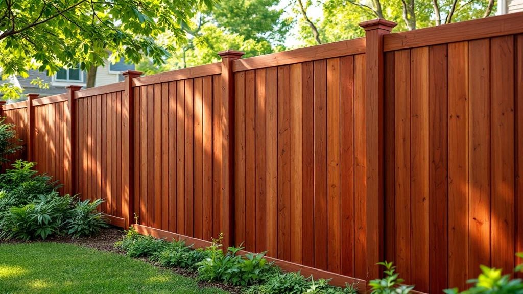 Western Red Cedar flat-top privacy fence - 6-foot redwood stained wood fence installation in Atlanta Georgia backyard