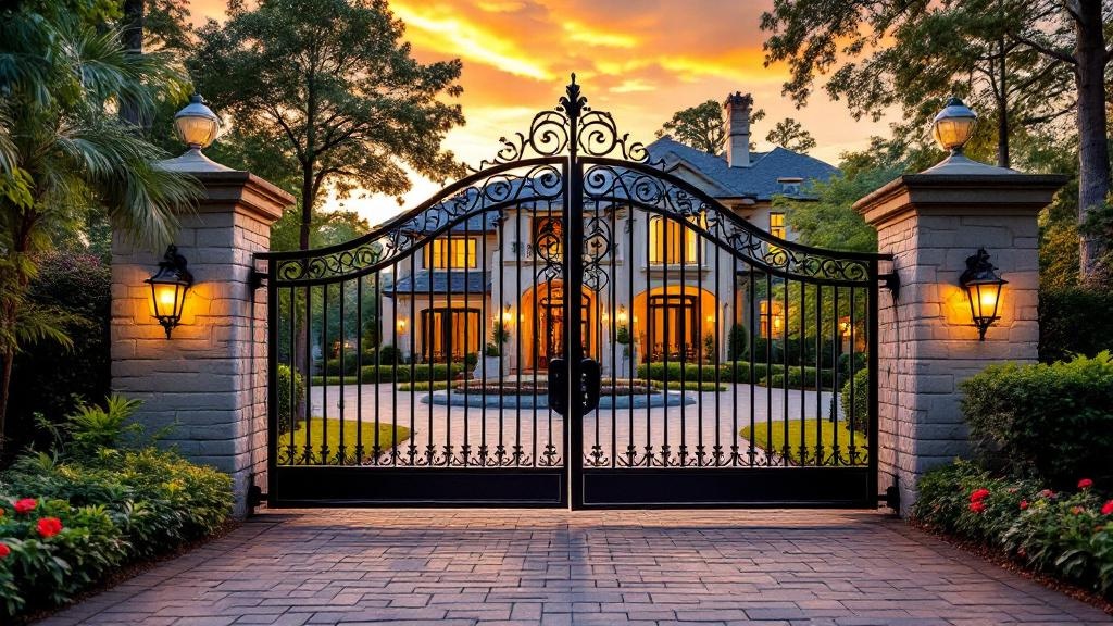 steel double swing driveway gate - arched top with scrollwork entrance gate installation in Atlanta Georgia residential property