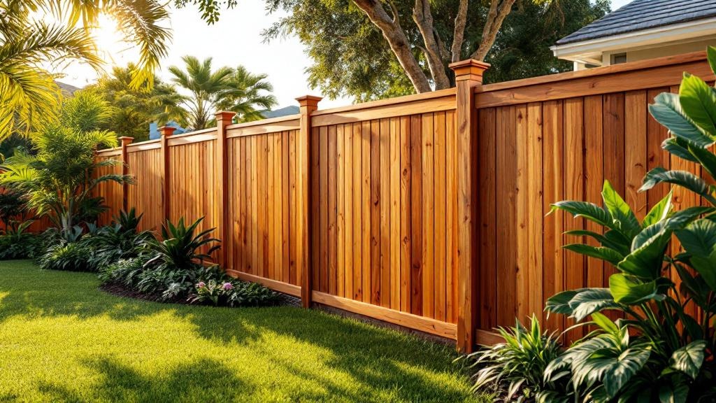 Redwood dog-ear privacy fence - 8-foot natural cedar stained wood fence installation in Miami Florida backyard