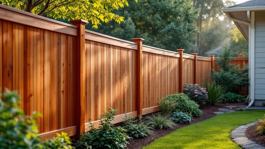 Western Red Cedar board-on-board privacy fence - 8-foot honey oak stained wood fence installation in Seattle Washington backyard