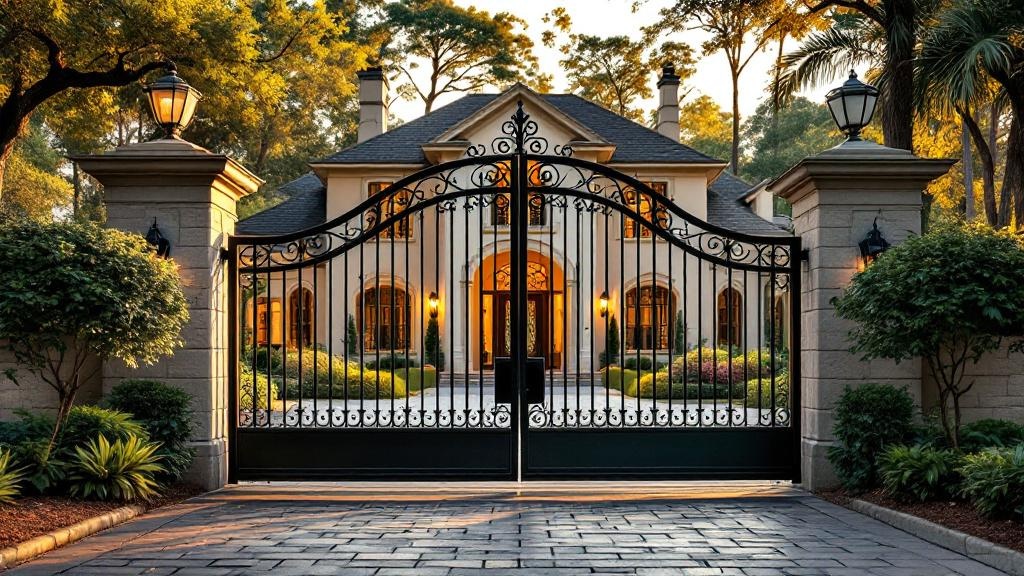 steel double swing driveway gate - arched top with scrollwork entrance gate installation in Atlanta Georgia residential property