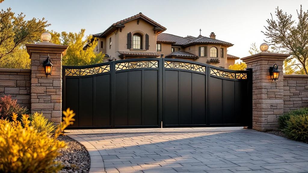 steel sliding driveway gate - solid panel with decorative cutouts entrance gate installation in Denver Colorado residential property
