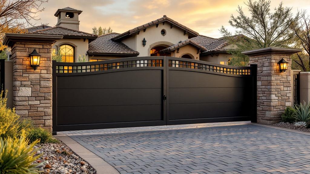 steel sliding driveway gate - solid panel with decorative cutouts entrance gate installation in Denver Colorado residential property