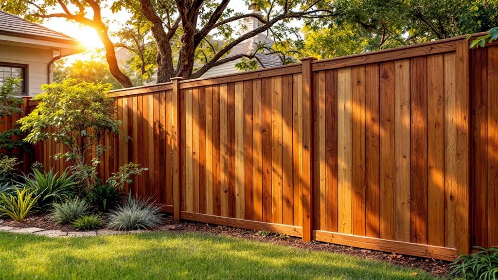 Western Red Cedar flat-top privacy fence - 6-foot weathered gray stained wood fence installation in Dallas Texas backyard