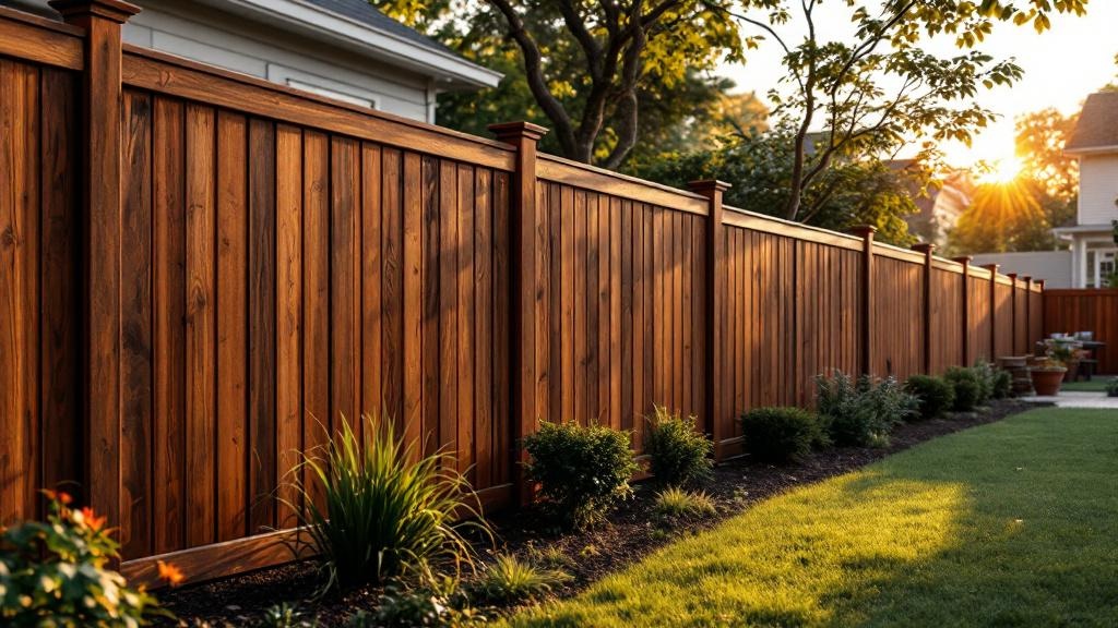 Western Red Cedar flat-top privacy fence - 8-foot dark walnut stained wood fence installation in Nashville Tennessee backyard