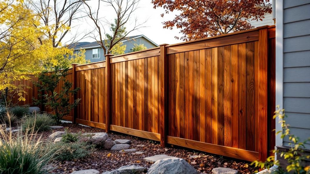 Western Red Cedar shadowbox privacy fence - 6-foot dark walnut stained wood fence installation in Denver Colorado backyard