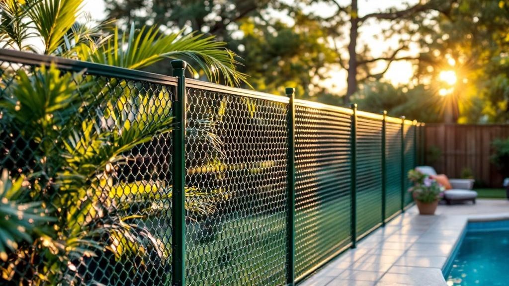 Green Vinyl-coated chain link fence - 8-foot residential pool fence installation in Raleigh North Carolina by professional fence contractor