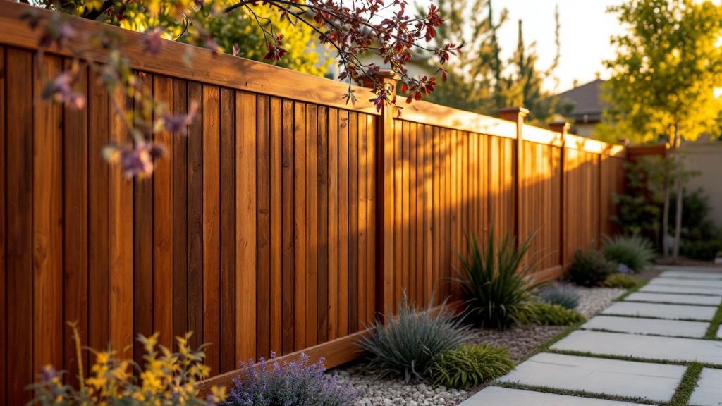 Western Red Cedar board-on-board privacy fence - 8-foot dark walnut stained wood fence installation in San Diego California backyard