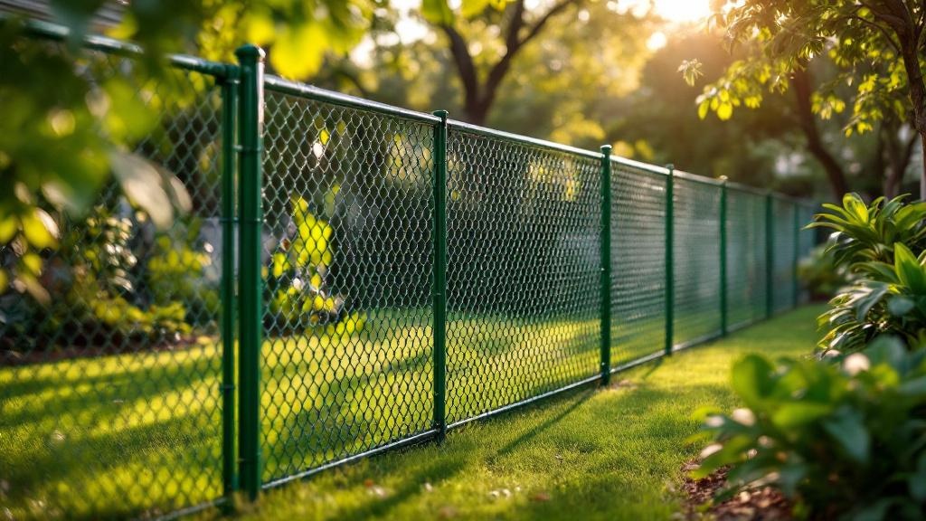 Green Vinyl-coated chain link fence - 4-foot residential pet fence installation in Dallas Texas by professional fence contractor