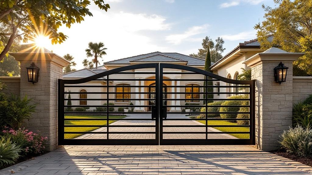 aluminum double swing driveway gate - modern horizontal bars entrance gate installation in San Diego California residential property