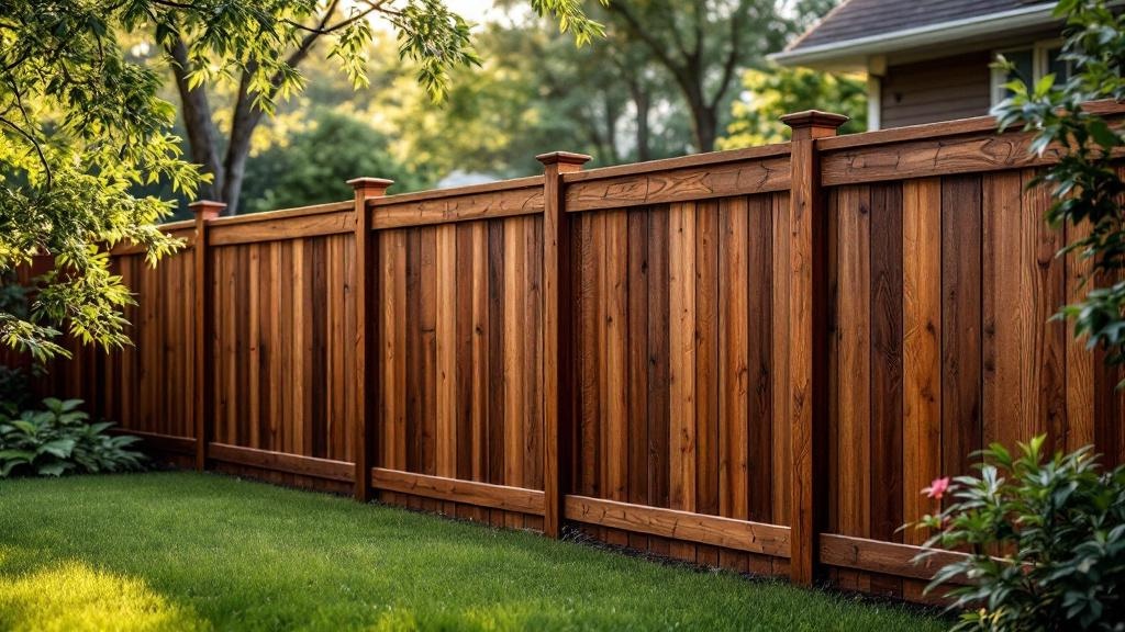 Redwood dog-ear privacy fence - 6-foot dark walnut stained wood fence installation in Nashville Tennessee backyard
