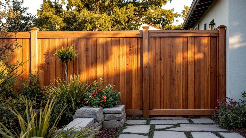 Western Red Cedar board-on-board privacy fence - 6-foot honey oak stained wood fence installation in San Diego California backyard