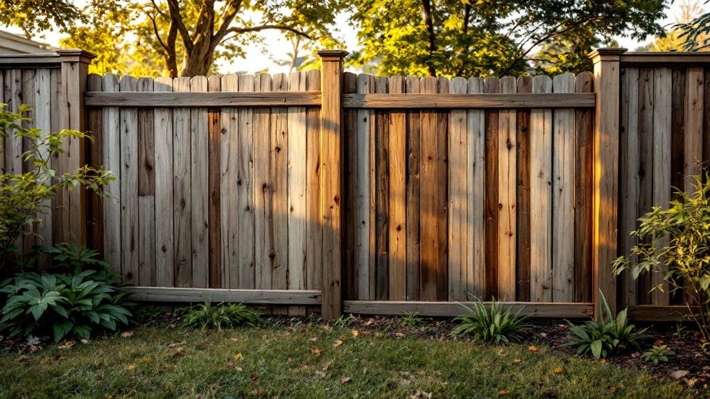 Redwood flat-top privacy fence - 8-foot weathered gray stained wood fence installation in Nashville Tennessee backyard