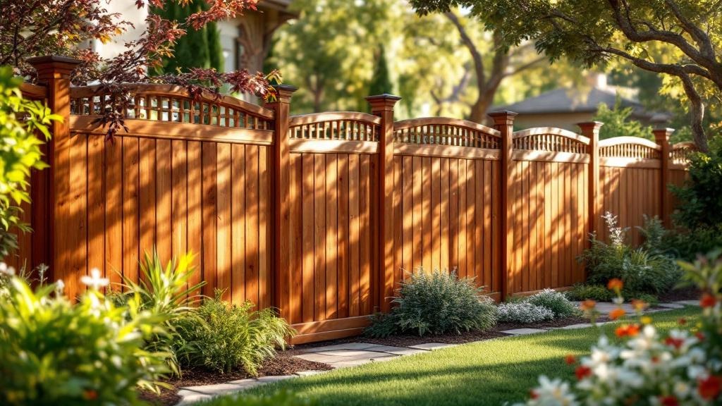 Redwood dog-ear privacy fence - 8-foot honey oak stained wood fence installation in San Diego California backyard