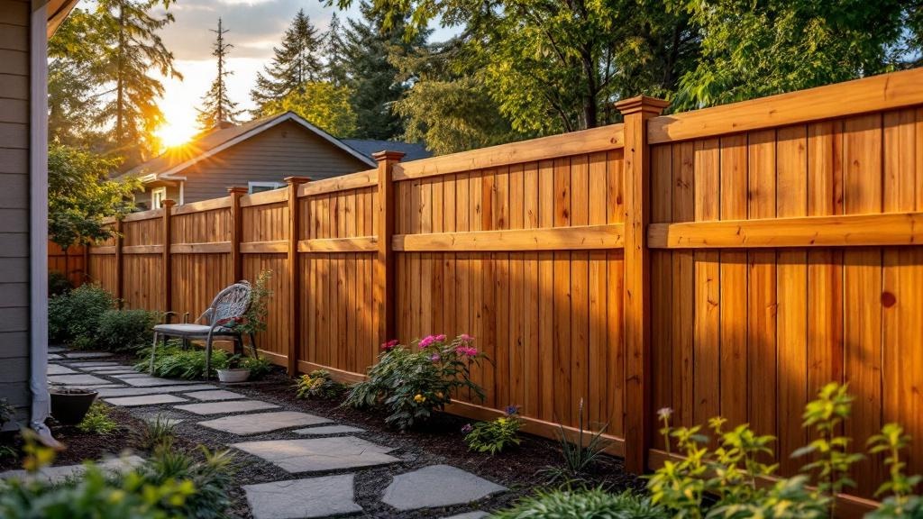 Redwood board-on-board privacy fence - 6-foot honey oak stained wood fence installation in Portland Oregon backyard