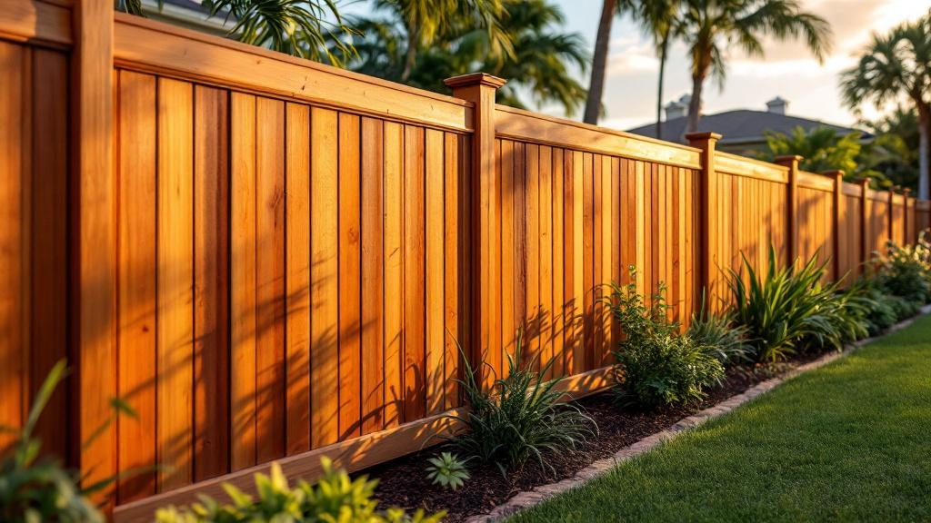 Western Red Cedar board-on-board privacy fence - 6-foot redwood stained wood fence installation in Miami Florida backyard