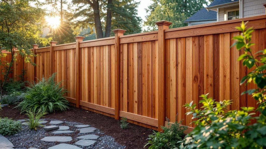 Redwood shadowbox privacy fence - 8-foot natural cedar stained wood fence installation in Seattle Washington backyard