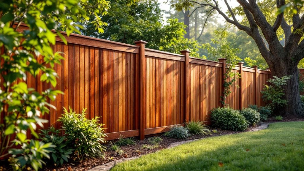 Redwood flat-top privacy fence - 6-foot redwood stained wood fence installation in Charlotte North Carolina backyard