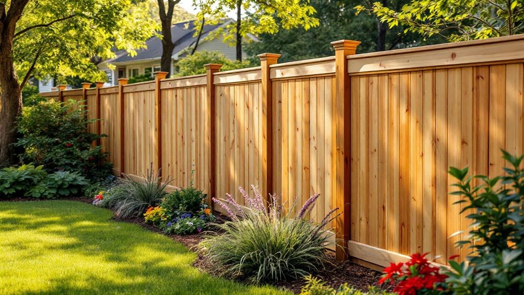 Pressure-Treated Pine shadowbox privacy fence - 8-foot honey oak stained wood fence installation in Atlanta Georgia backyard