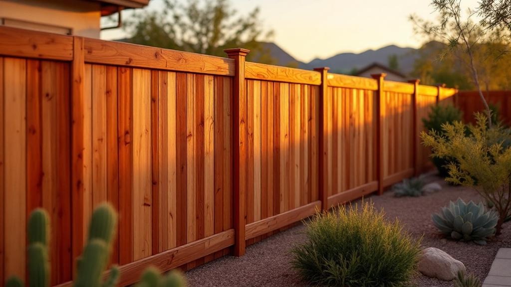 Western Red Cedar board-on-board privacy fence - 8-foot redwood stained wood fence installation in Phoenix Arizona backyard