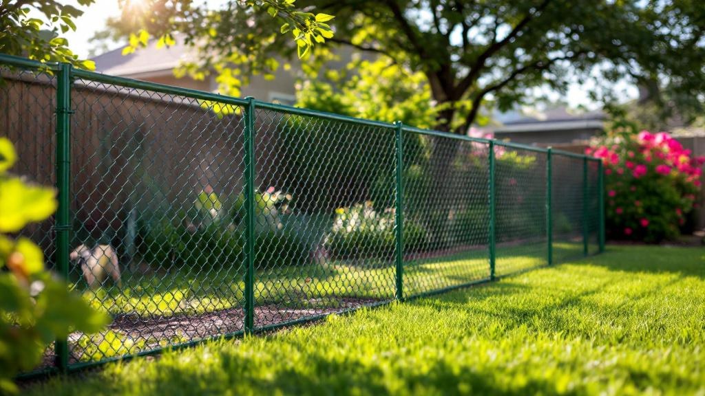 Green Vinyl-coated chain link fence - 8-foot residential pet fence installation in Austin Texas by professional fence contractor
