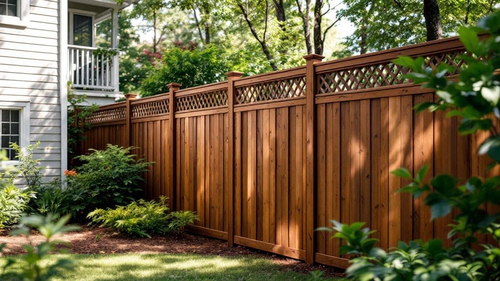Pressure-Treated Pine shadowbox privacy fence - 8-foot dark walnut stained wood fence installation in Raleigh North Carolina backyard