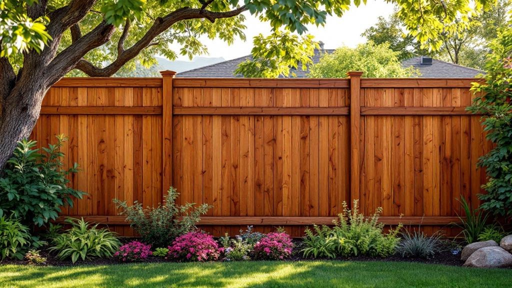 Pressure-Treated Pine shadowbox privacy fence - 6-foot redwood stained wood fence installation in Charlotte North Carolina backyard