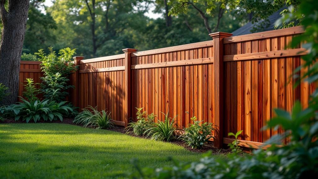 Redwood flat-top privacy fence - 6-foot redwood stained wood fence installation in Atlanta Georgia backyard