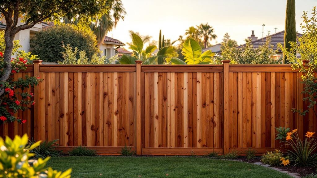 Pressure-Treated Pine shadowbox privacy fence - 8-foot redwood stained wood fence installation in San Diego California backyard