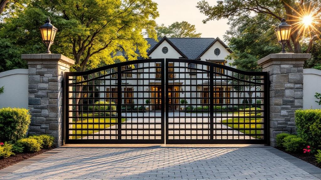 steel double swing driveway gate - modern horizontal bars entrance gate installation in Nashville Tennessee residential property