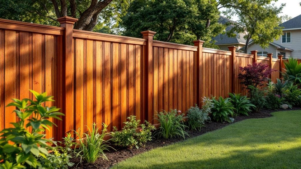 Redwood shadowbox privacy fence - 6-foot redwood stained wood fence installation in Dallas Texas backyard