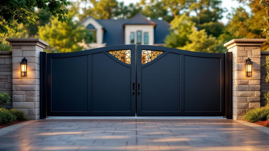 aluminum sliding driveway gate - solid panel with decorative cutouts entrance gate installation in Atlanta Georgia residential property