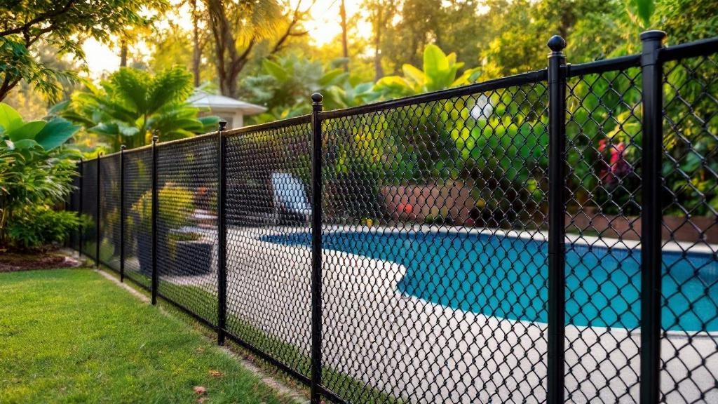 Black Vinyl-coated chain link fence - 8-foot residential pool fence installation in Nashville Tennessee by professional fence contractor