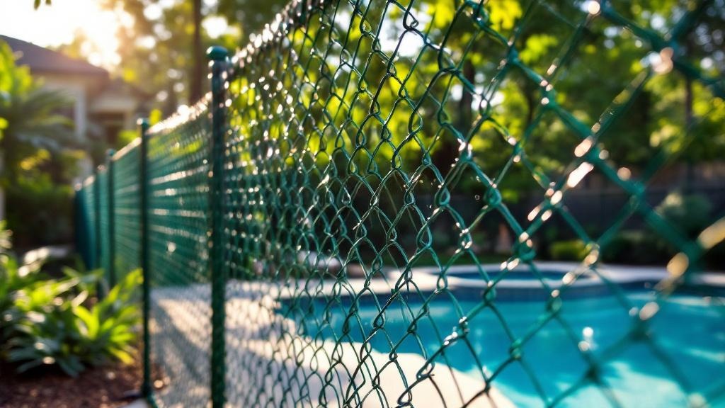 Green Vinyl-coated chain link fence - 8-foot residential pool fence installation in Atlanta Georgia by professional fence contractor