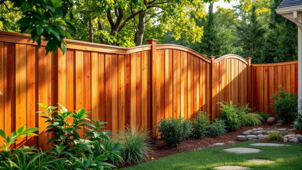 Redwood dog-ear privacy fence - 8-foot natural cedar stained wood fence installation in Atlanta Georgia backyard