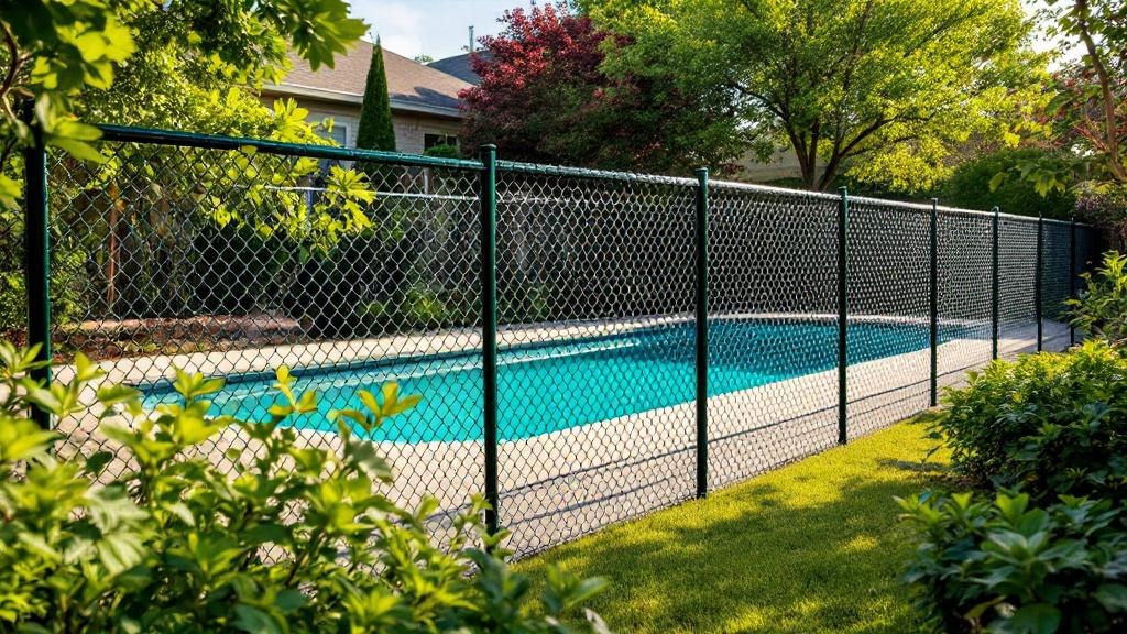Green Vinyl-coated chain link fence - 6-foot residential pool fence installation in Austin Texas by professional fence contractor